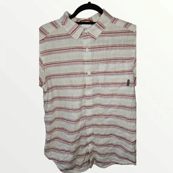 Columbia Button Up Shirt Mens Size M Short Sleeve Beige Red Gray Stripe - Picture 3 of 8